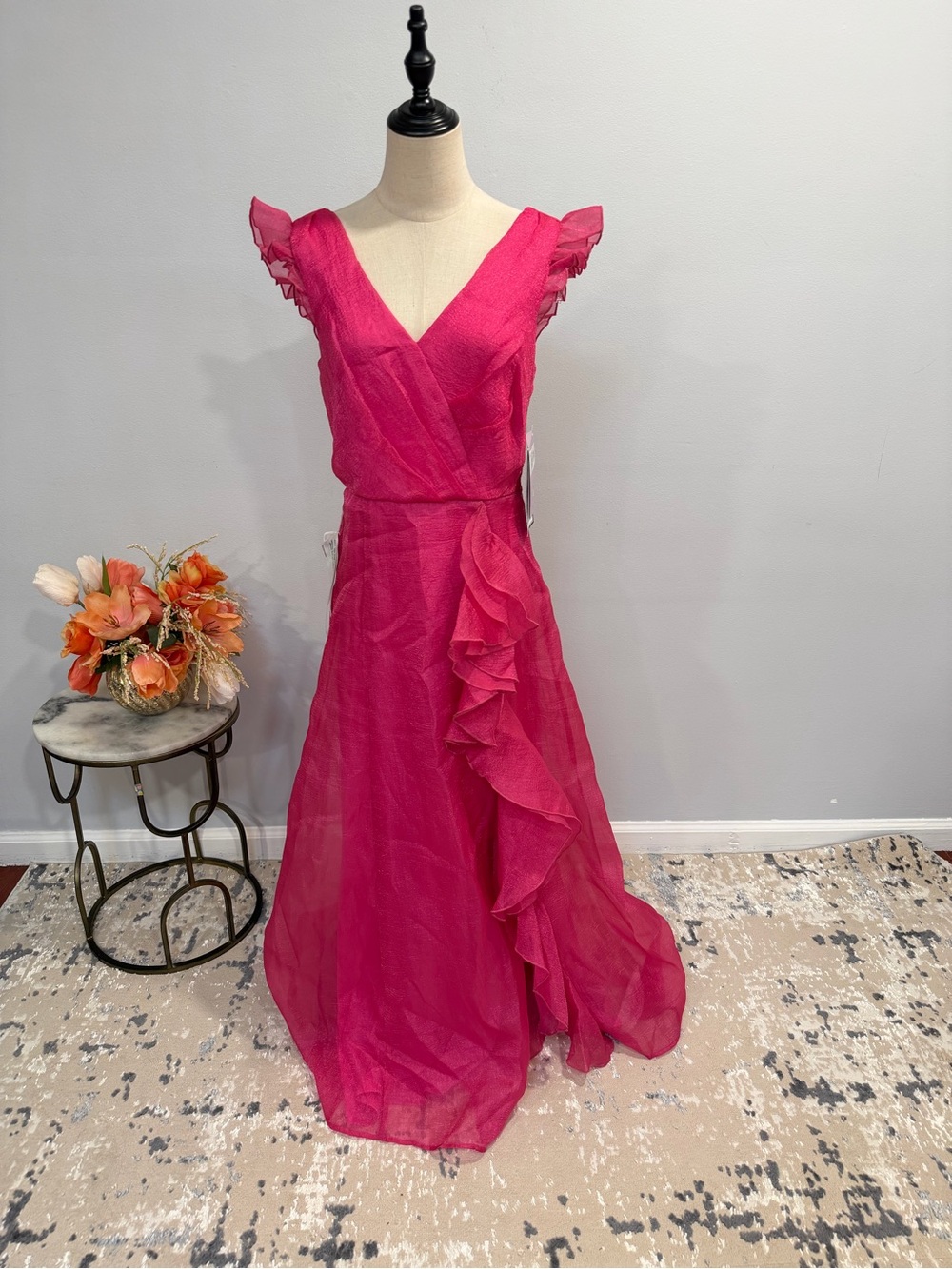 JS Collection Fuchsia Ruffle V-Neck Maxi Dress - Size 8 - New With Defect - Picture 2 of 14
